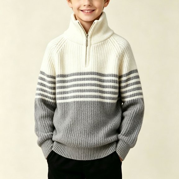 LUGOGNE Boys Pullover Sweater Half Zip Long Sleeve Ribbed Knit Sweaters Toddler Kids Contrast Stripes Fall Winter Warm Tops Gray,Size 9