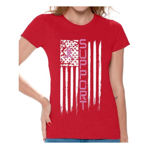 Awkward Styles Cancer Shirts Cancer Flag Tshirt Breast Cancer Awareness Women's Shirt Pink Ribbon Flag T Shirt Gifts for Cancer Survivor Pink Cancer Flag Tshirt Cancer Support Flag T-Shirt for Women