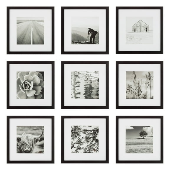 Instapoints 9 Piece Gallery Wall 8" x 8" Picture Frame Set with Decorative Art Prints & Hanging Template (Multiple Colors)