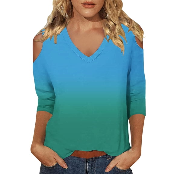 Womens Tops 3/4 Length Sleeve Tops Neck Casual Print Tunic T Shirts Three Quarter Length Tops Blouses For Women