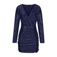 thumbnail image 4 of Sparkly Sequins Formal Dress for Women Long Sleeve Deep V Neck Ruched Mini Dress Cocktail Party Trendy Dress Pink,2XL, 4 of 6