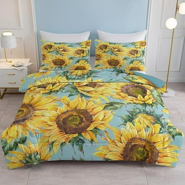 Sunflowers Comforter Set Queen Floral Botanical Yellow Sunflower Quilt for Girls Teens Garden Bloom Leaf Flower Harvest Blue Bedding with 2 Pillowcases