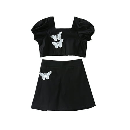 

Baby Short Sleeves + Skirt Square Collar Butterfly Embroidery