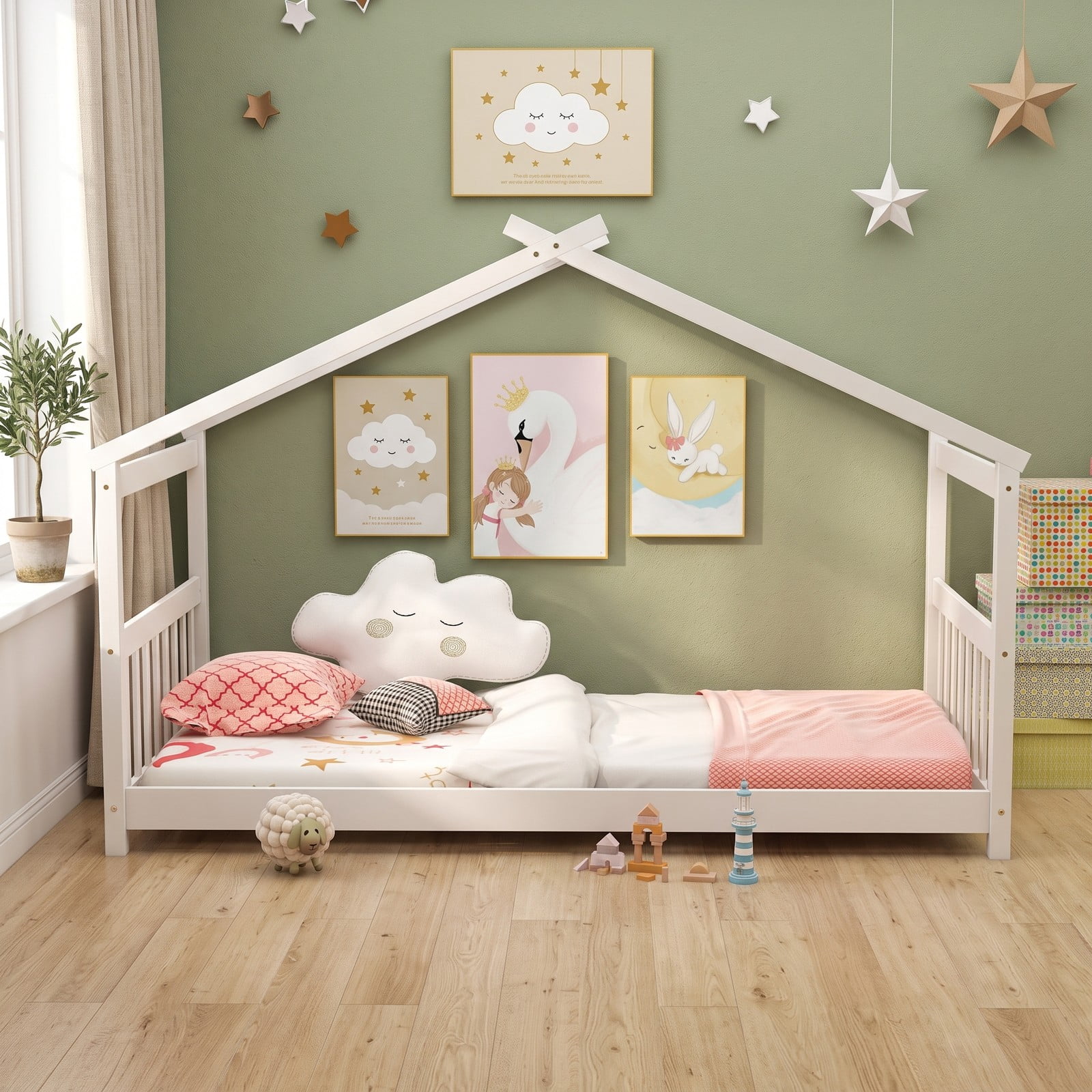 Furnibear Twin Size Wooden House Bed Frame with Roof and Half Rails for a Kids Boys and Girls Toddler Montessori Bedroom, White