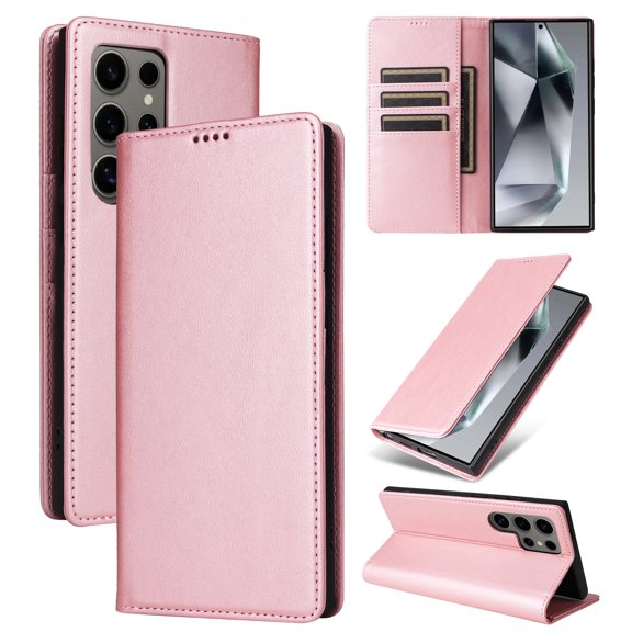 Allytechgroup Wallet Case for Samsung Galaxy S22 Ultra, Built-in Credit Card Slot RFID Blocking PU Leather Flip Stand Magnetic Closure Case Shockproof for Samsung Galaxy S22 Ultra, Rosegold