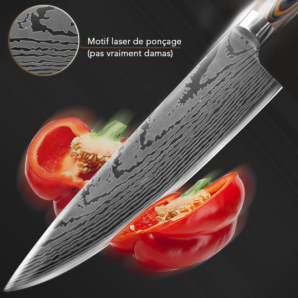 7Pcs Kitchen Knives Set, High-Carbon Steel Damascus Laser Chef Knife with Ergonomic Wooden Handle,Sharp Cutting Knives for Cooking
