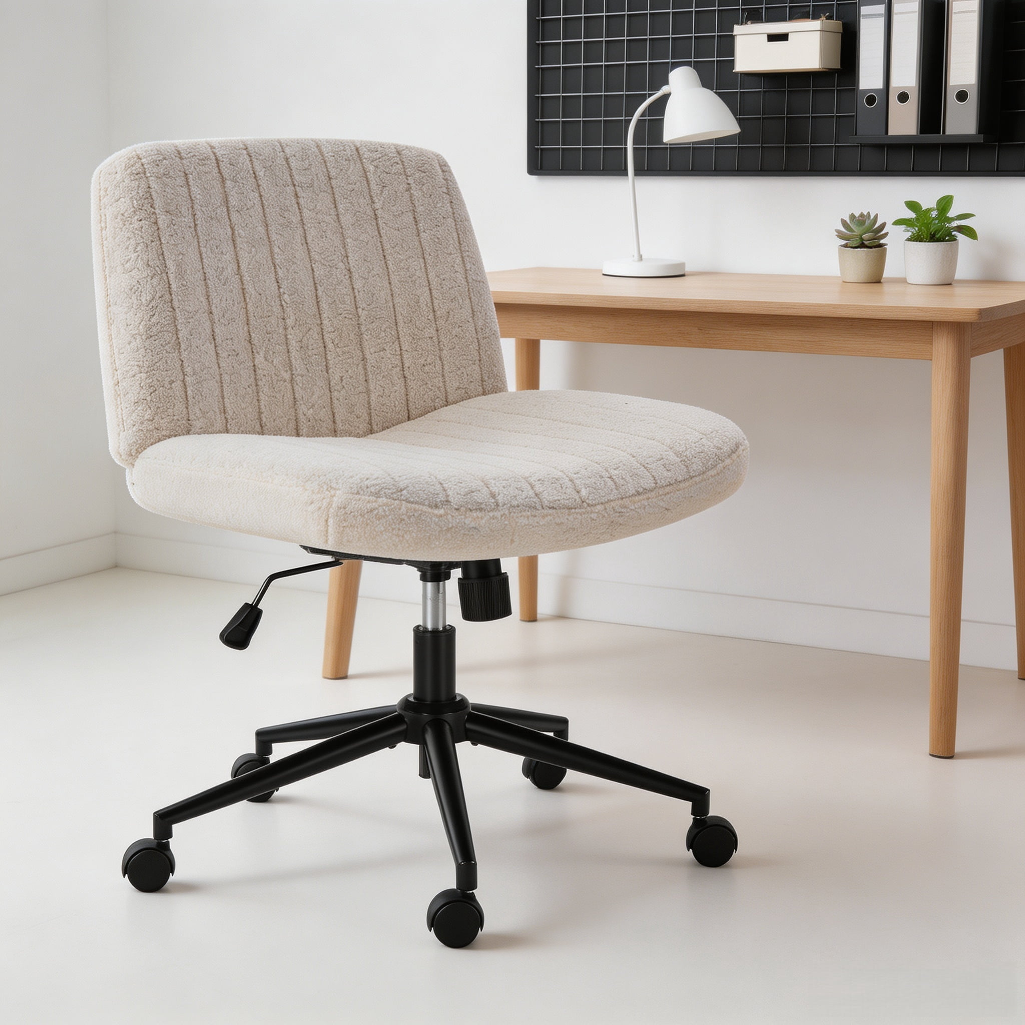 Office Desk and Vanity Chair, Armless Cross-Legged Swivel Task Chair with Wide Fabric Seat, Height Adjustment, and Replaceable Wheels or Fixed Base