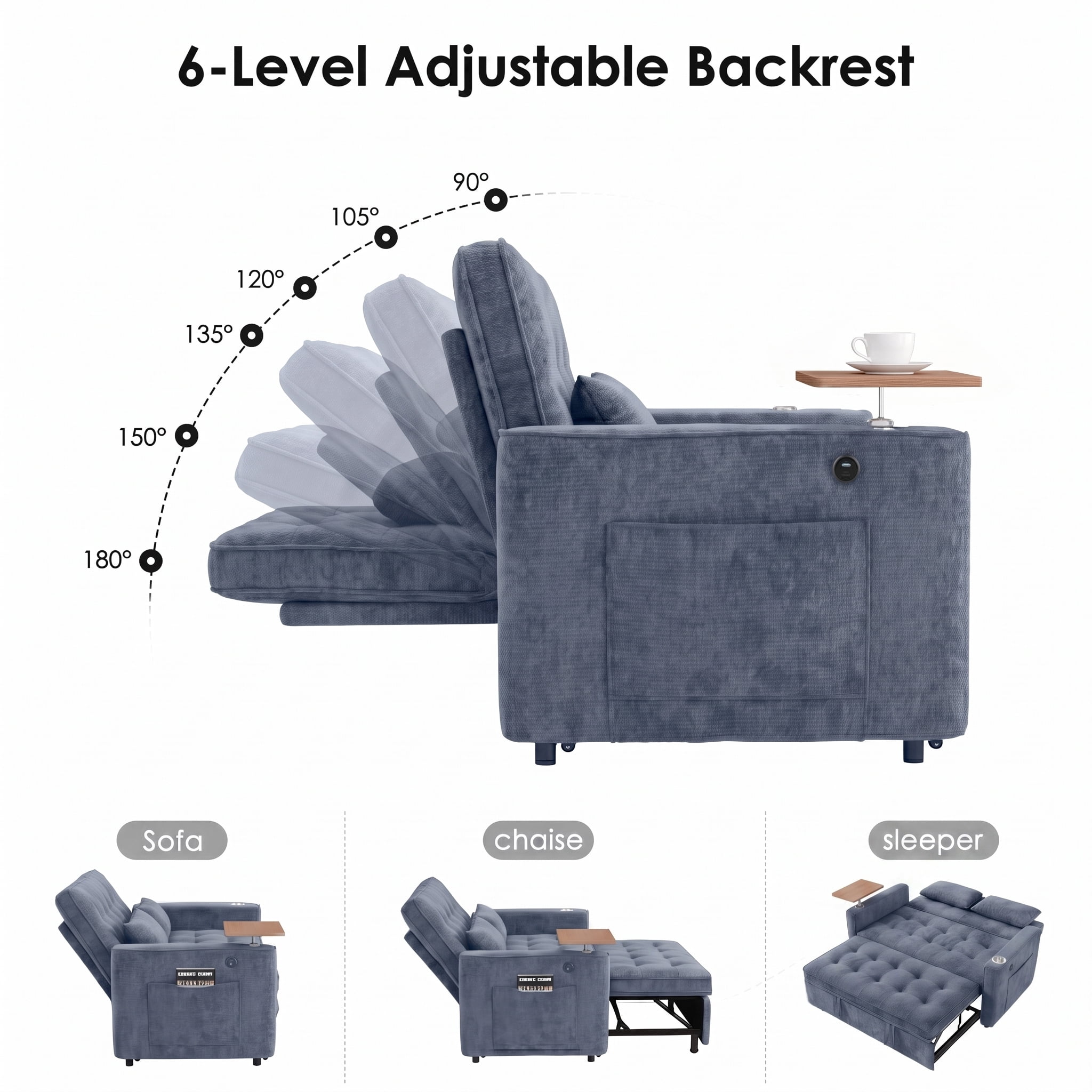 AISWORD 54" Convertible Pull Out Sleeper Sofa Bed, Chenille Loveseat Couch with USB Port, Side Tray Table, Cup Holder, Storage Pockets & Adjustable Backrest for Small Spaces, Blue