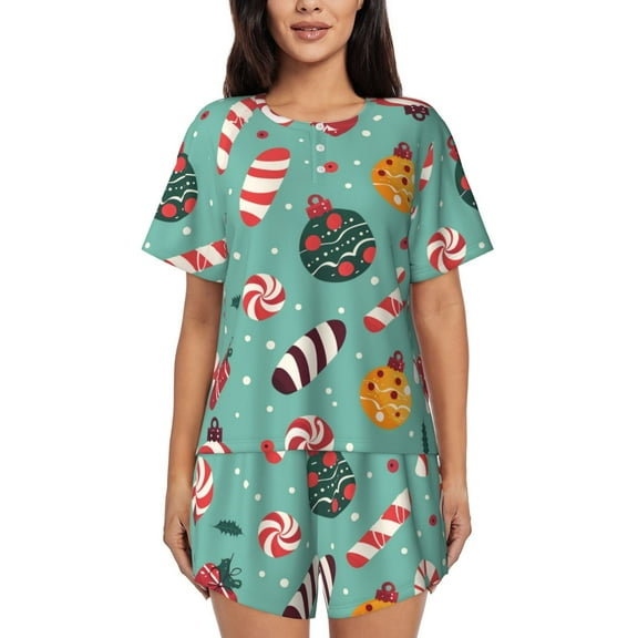 Christmas Candy Pattern (10) Womens Pajamas Short Set Soft Short Sleeve Sleepwear Button Down Pjs Set with Pockets S XXL Small