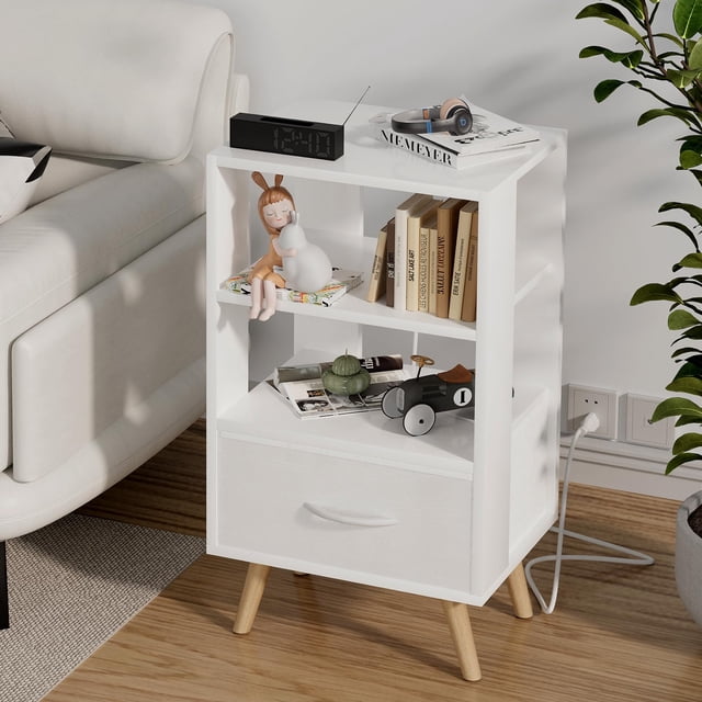 Mesa de noche Aenuert de 3 niveles, blanca, con carga USB