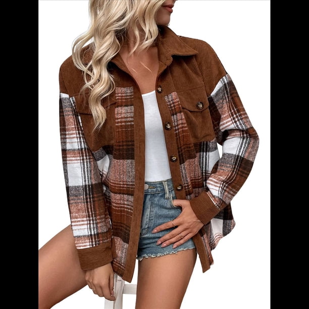 Camisas de con Bloques de Color para Mujer, Blusas de Larga con Botones y Estilo Boyfriend Marrón Oscuro XL