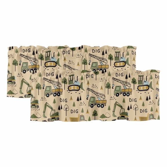 2 Pack Valances for Window, Cartoon Tractor Short Curtains for Kitchen Bedroom Living Room, Cute Digger Shovel Truck Car Khaki Rod Pocket Small Window Treatment Valance Drapes 42 x 12 Inch