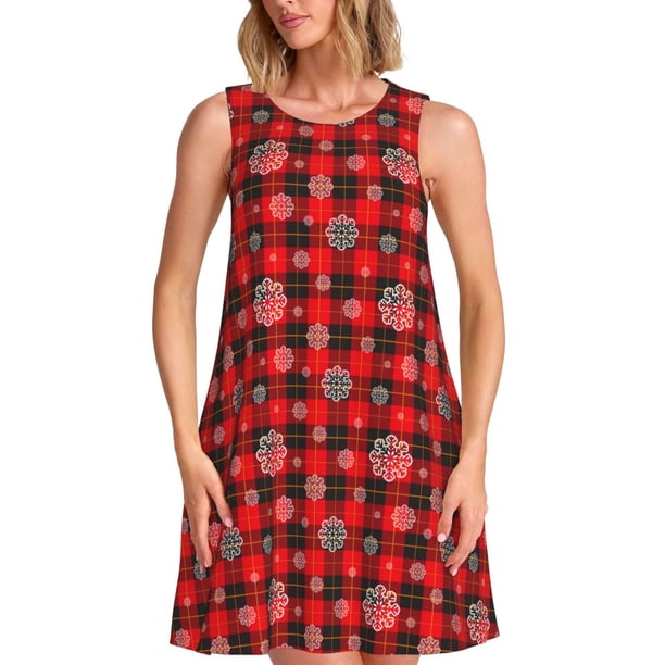 Fotbe Snowflakes On A Buffalo Plaid Vestido de Verano sin Mangas para Mujer – Vestido Midi Línea A, Estilo Camiseta Floral, Vestido Playero Casual y Fluido