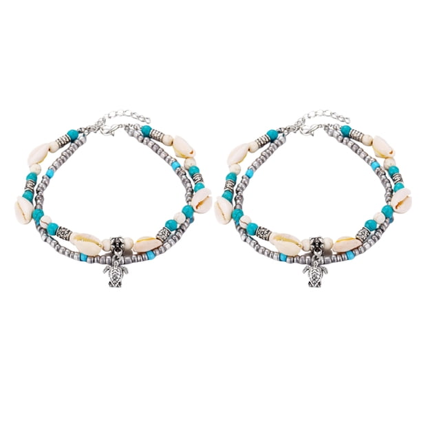 2 tobilleras hawaianas tejidas con conchas, tobilleras de playa con cuentas de tortuga, cadena colgante de aleación para el pie, joyería decorativa