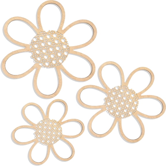 LAMIRO 3 Pieces Boho Daisy Wall Decor Natural Rattan Flower Wall Hanging Art Wooden Boho Nursery Flowers Decor for Home Nursery(Classic Color)