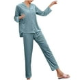 thumbnail image 2 of Women's Cotton Long-Sleeve Shirt and Full-Length Bottom Pajama Set Women V-neck Solid Color Lace Tie Buckle Pocket Long Sleeves Tops Elastic Waist Trousers Pajama Set ,Light Blue,XL, 2 of 5