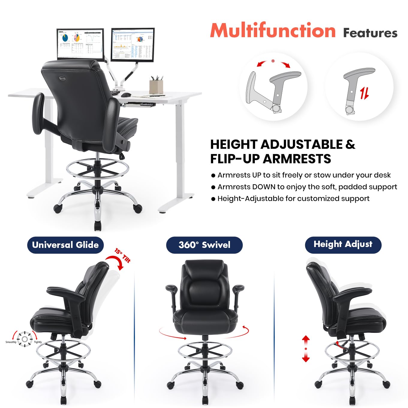 CHAIRMAN® Ergonomic Mid-Back Bonded Leather Adjustable Drafting Chair with Multi-Function Arms and Foot Ring, Standing-Desk Matched Tall Swivel Computer Office Stool, Black