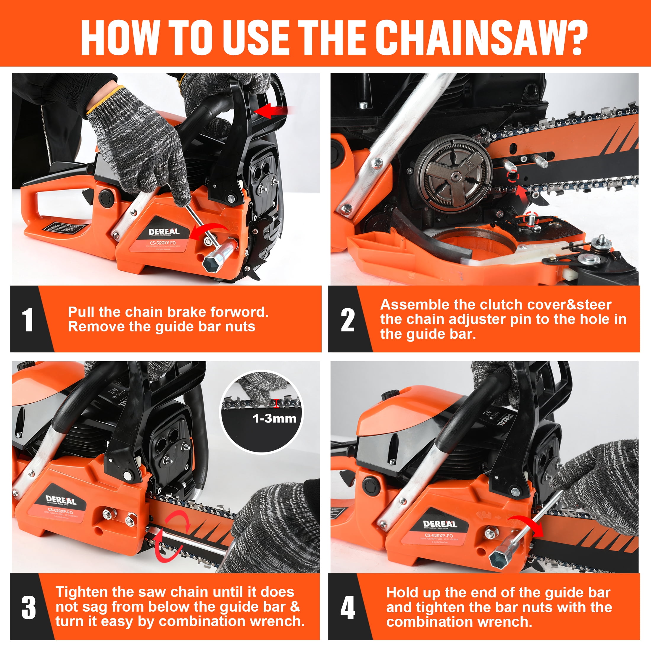 20-Inch 62CC 2-Stroke Gas Chainsaw, Heavy-Duty Gas Powered Wood Cutting Saw with Automatic Oiler & Easy Start for Farm & Home Use 620XP Orange