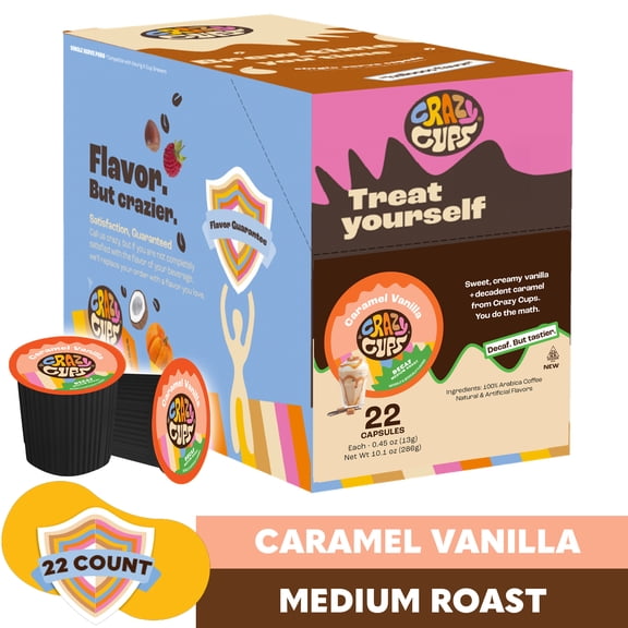 Crazy Cups Decaf Caramel Vanilla Coffee Pods, Medium Roast, 22Count for Keurig K-Cups Machines