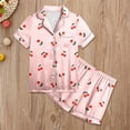 thumbnail image 2 of FINALGANG Girls Kids Two Piece Satin Homewear Set Cherry Print Short Sleeve Button Down Shirt Matching Loose Fit Shorts For Daily Home Relaxation Cozy Outfit, 2 of 3
