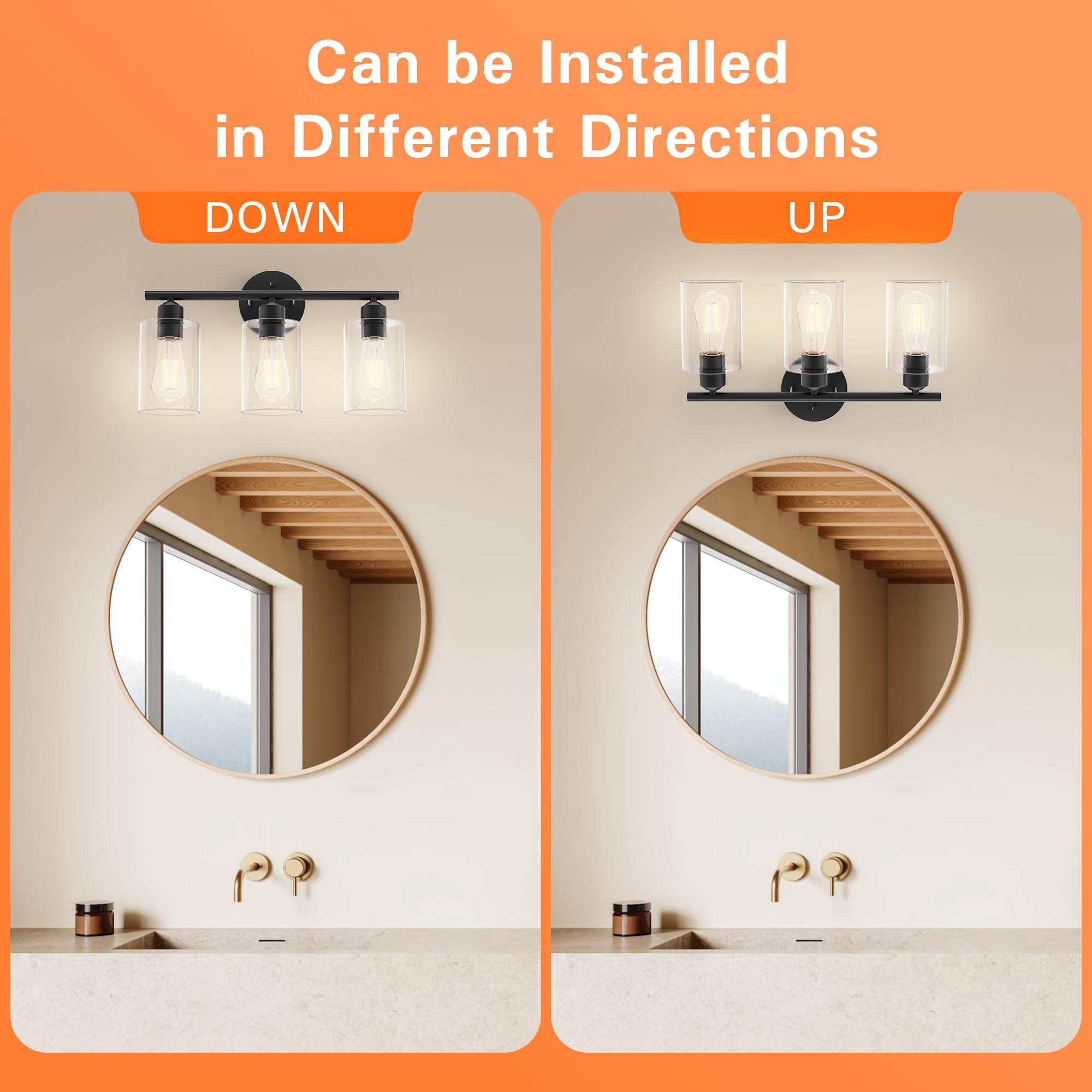 Modern 3 Lights Bathroom Vanity Light Bathroom Lighting Fixture Over Mirror Black Vanity Light,UL Certified Wall Sconces with Glass Shades-Black