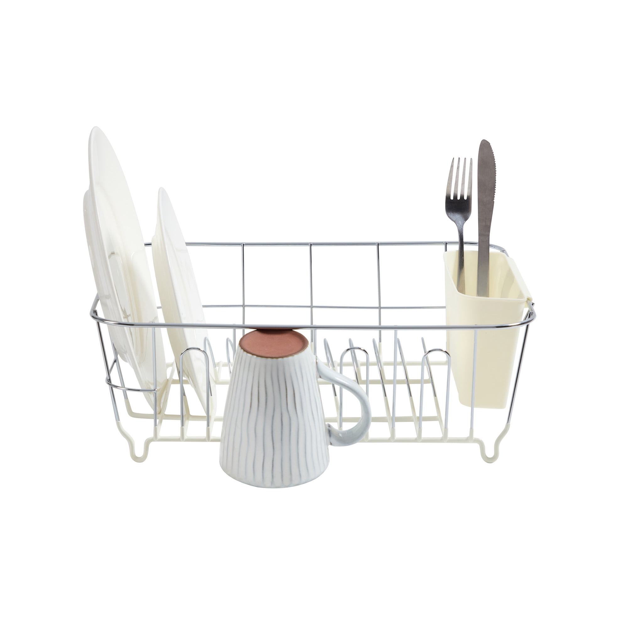 2 Piece Chrome Plated Steel Small Compact Dish Drainer, Ivory