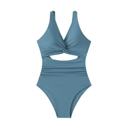 QYZEU Womens Swimsuits Tankini High Waist Pleated Bikini Bottom Solid Color Cut Out Strap V Neck Swimsuit Set Breathable Comfortable Lightweight Swimwear Blue L
