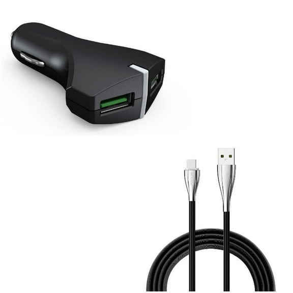 2-Port USB 36W Fast Car Charger w Charger Cord Type-C 6ft USB Cable E6L for Acer Liquid Jade Primo - Alcatel PulseMix, 7, Idol 5S 5 4S - ASUS Zenfone V Live, ROG Phone, AR 6 5z 4 Pro