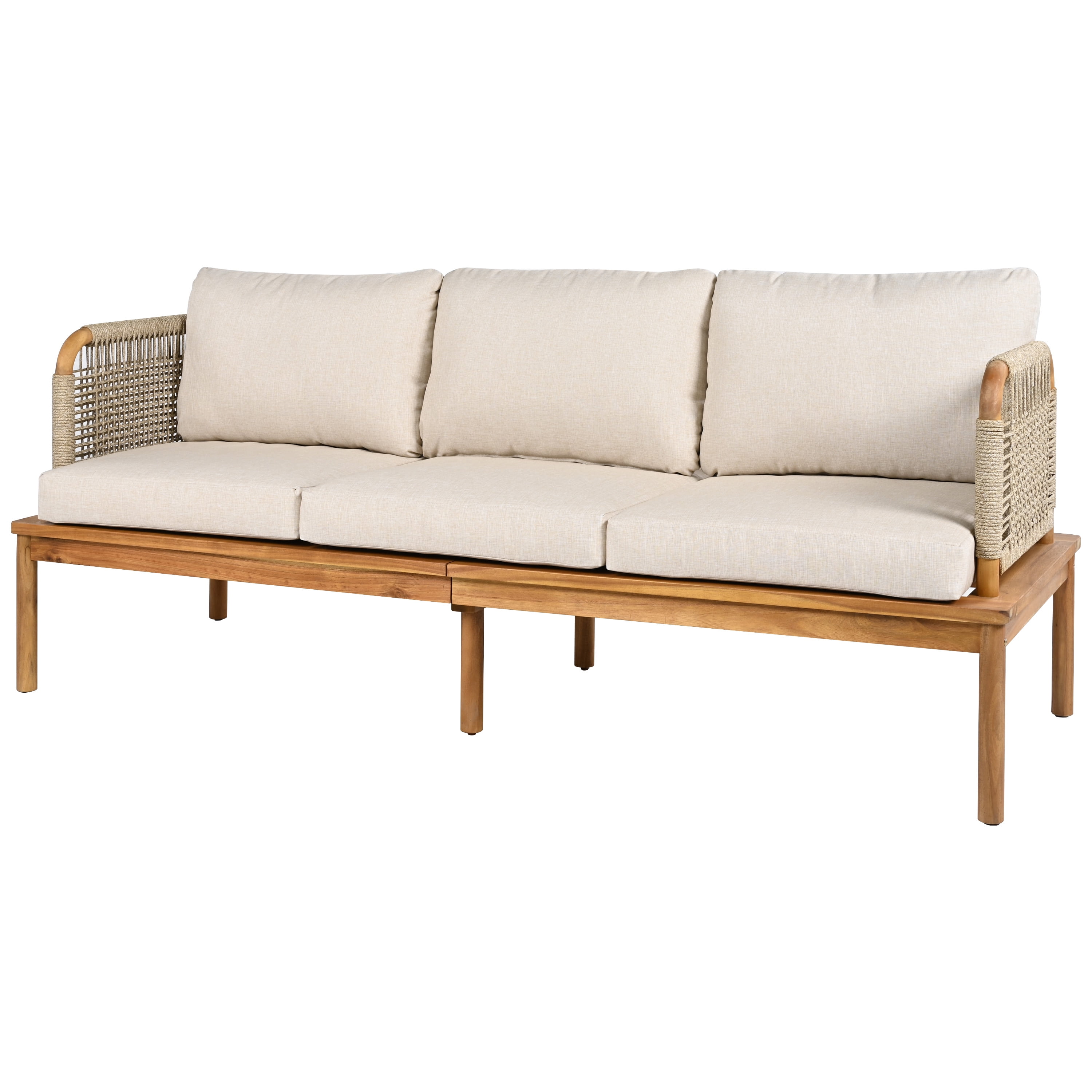 Outdoor 3-Piece Acacia Wood & Rope Patio Sofa Set, Conversation Seating with Ottoman & Coffee Table for Garden Backyard Deck, Teak+Beige