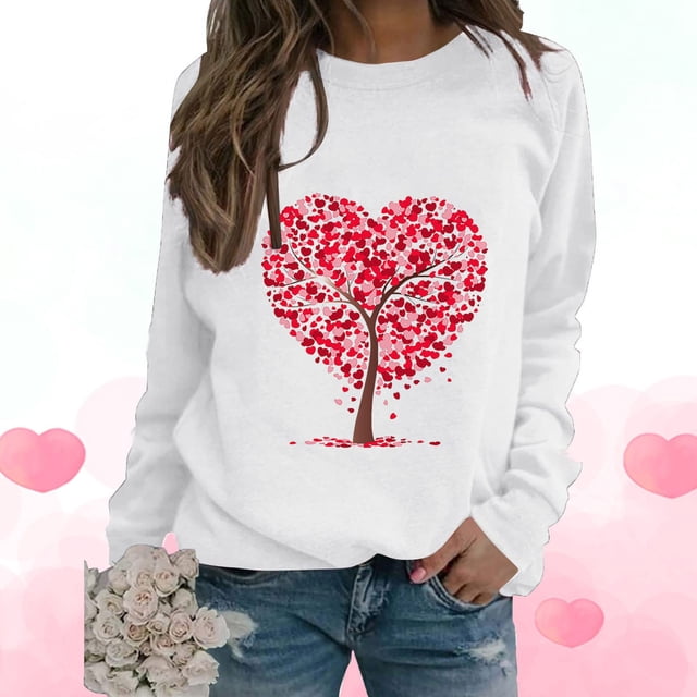 Qertyioot T-Shirt Graphique de la Saint-Valentin pour Femmes à Manches Longues, Imprimé Col Rond Pull Décontracté