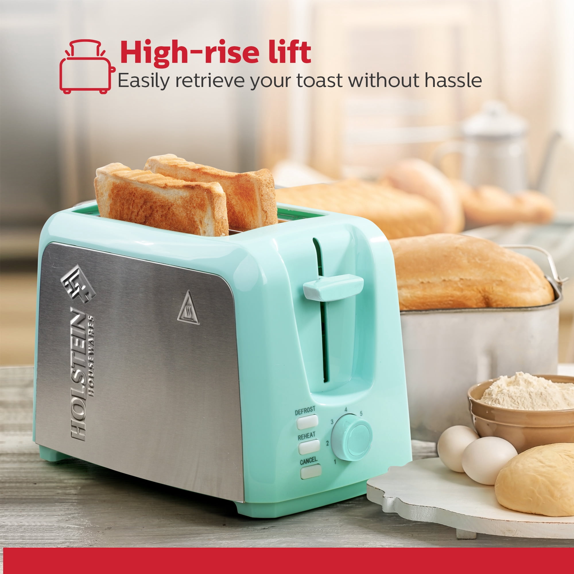 Holstein Housewares 2-Slice Toaster Mint with Defrost and Reheat Function