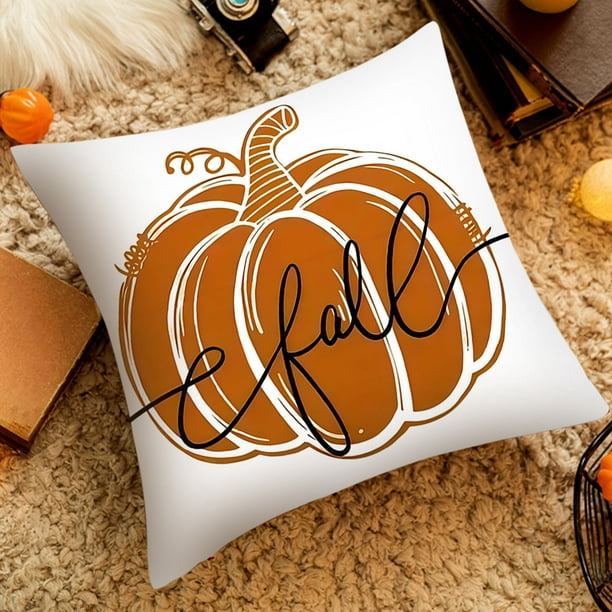 Funda de cojín de calabaza de Acción de Gracias | Decoración otoñal en naranja y blanco | Funda de cojín de poliéster de 45 x 45 cm para sofá, salón, dormitorio y oficina | Decoración y regalo para