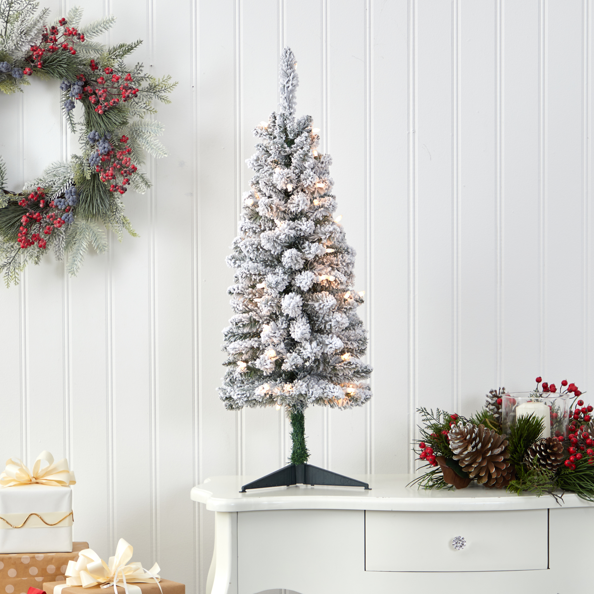 3ft. Flocked Pencil Artificial Christmas Tree with 50 Clear Lights and 132 Bendable Branches 