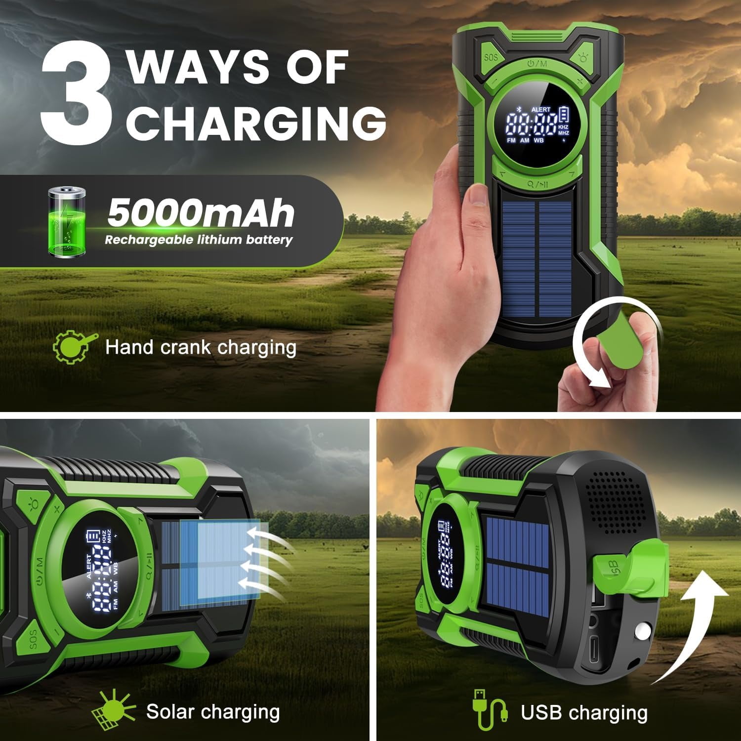 Emergency Radio Hand Crank Solar 5000mAh, IP65 Waterproof Dustproof Bluetooth 5.3 Portable AM/FM/NOAA Weather Alert Radio with Flashlight, Phone Charger, SOS, Headphone Jack- (Red)