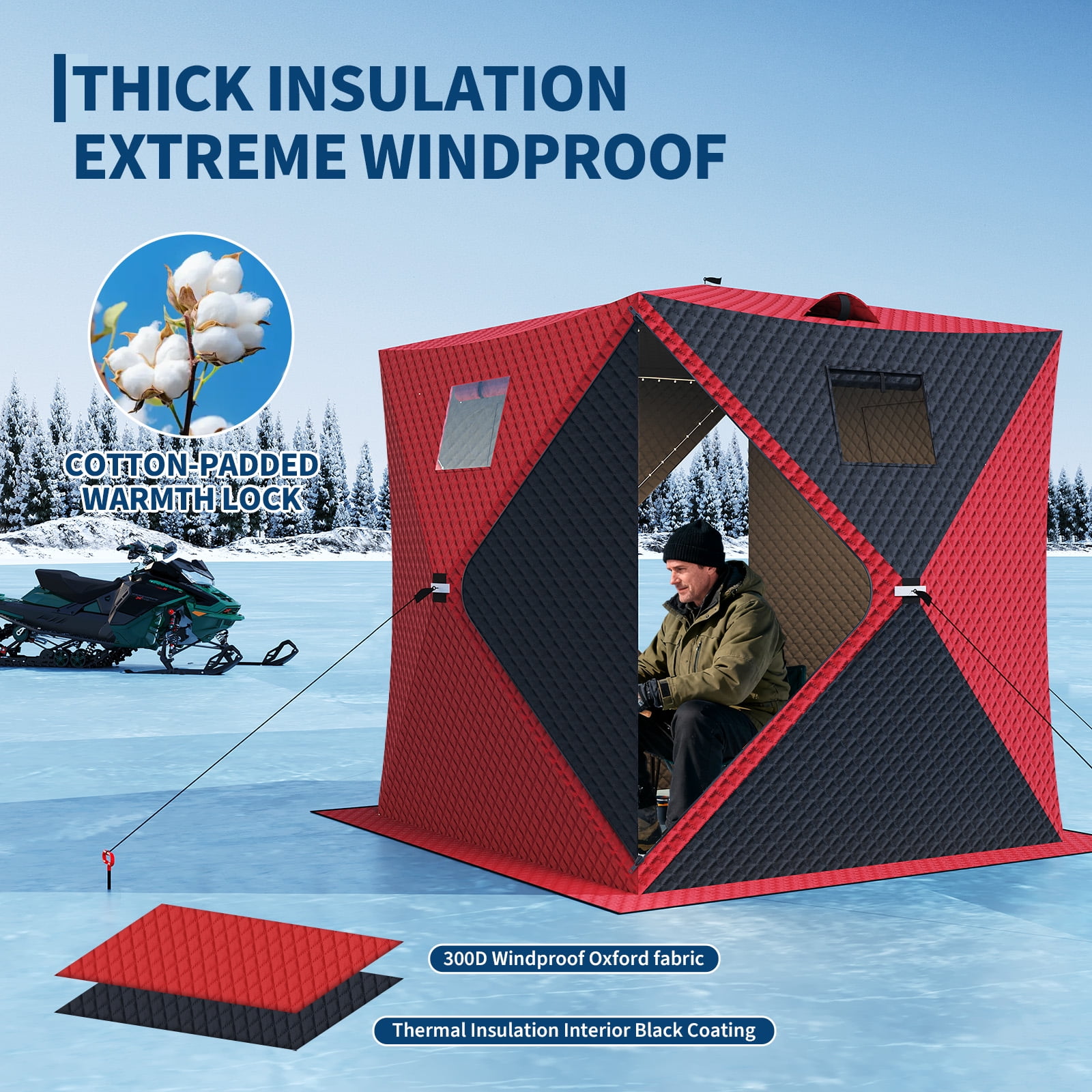 COZONY 60*60*76.2"Ice Fishing Tent w/ 15m LED Light Strip,battery box,Windproof Hub Design & Spacious Fishable Area