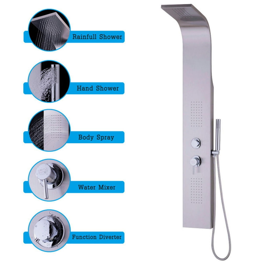 Finihen Shower Panel, Shower Panel Tower System, 57 Inch Stainless Steel Shower Panel With Massage Jets and Hand Shower, Silver Finihen Shower Panel, Shower Panel Tower System, 57 Inch Stainless Steel Shower Panel With Massage Jets and Hand Shower, Silver