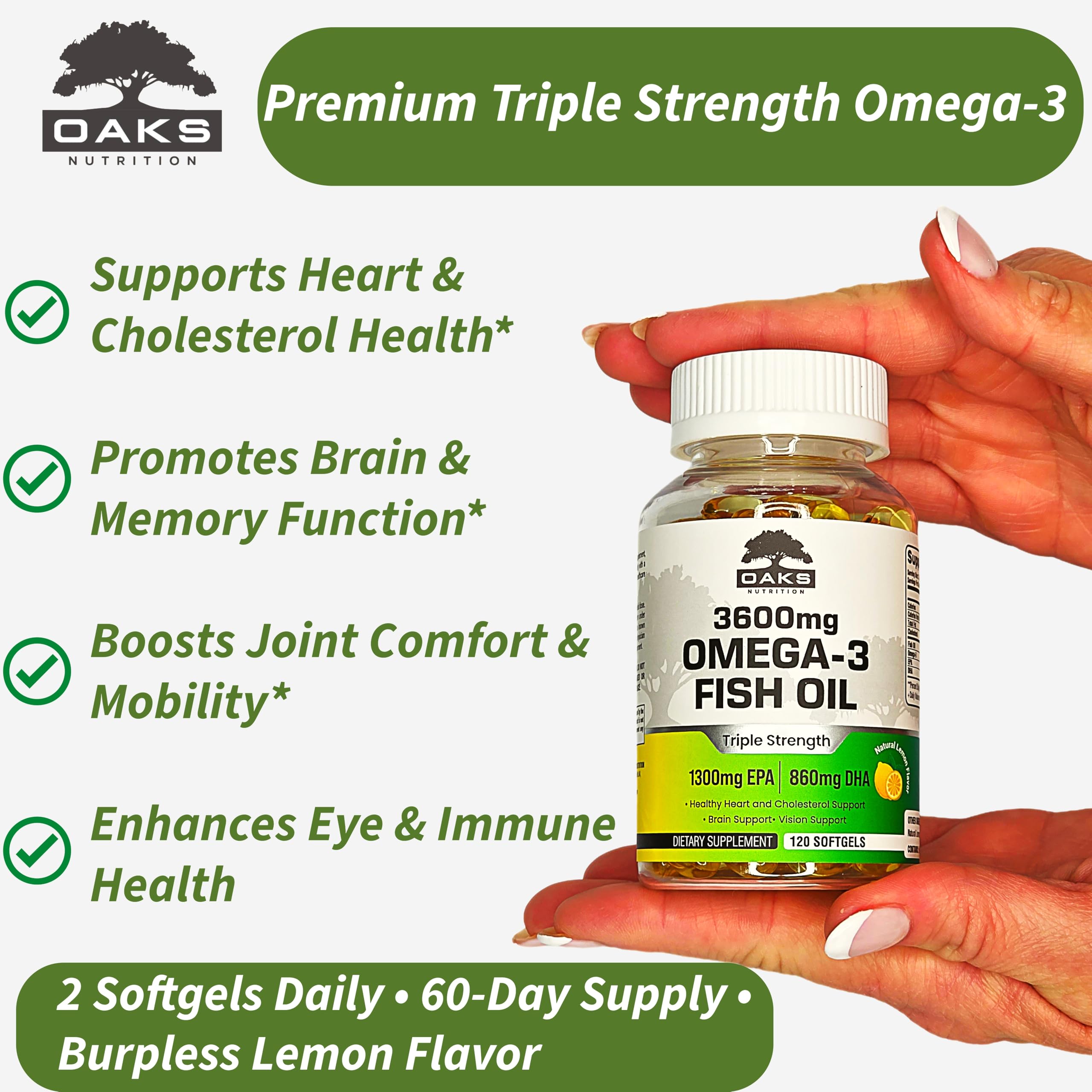 Oaks Nutrition 3600mg Fish Oil, 2160mg Omega-3 (1300 EPA/860 DHA), 120ct