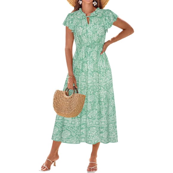 Vestido de verano GRACE KARIN 2025 con cuello en V y volantes fruncidos, maxi verde L