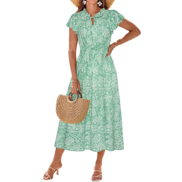 Vestido de verano GRACE KARIN 2025 con cuello en V y volantes fruncidos, maxi verde L