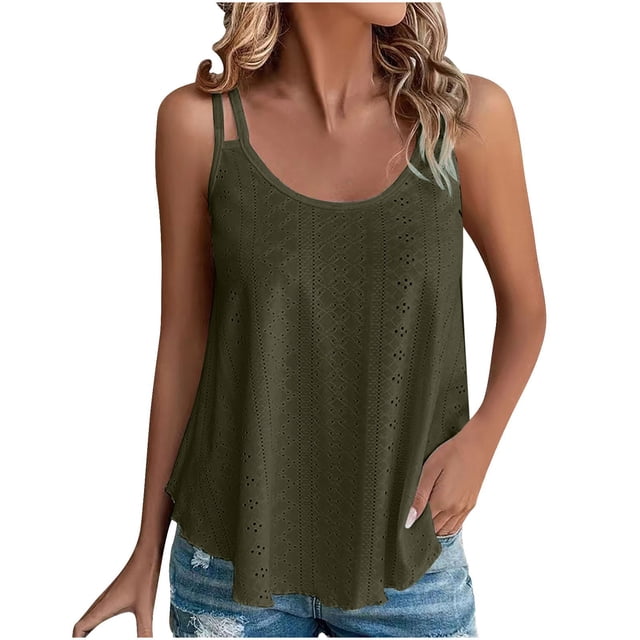 AherBiu Camisole pour Femmes Sans Manches à Col Rond avec Broderie Oeillets Chic Décontractée Ample Fluide Camis