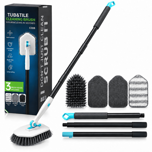 ICREOPRO 3-in-1 Tile Tub Scrubber with Long Handle, Shower Cleaning Brush for Bathroom, Floors & Walls, 4 Cleaning Heads, Adjustable 22-50.4 in