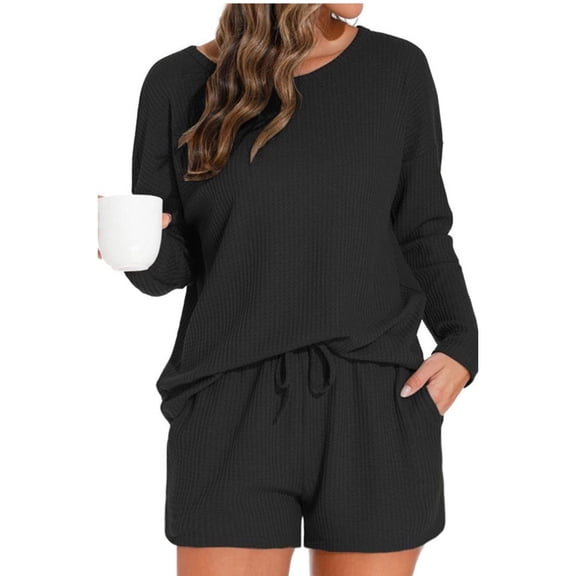 PNTUTB Women's Solid Color Waffle Knit Crew Neck Long Sleeve Top with Elastic Drawstring Pocket Shorts Pajama Set