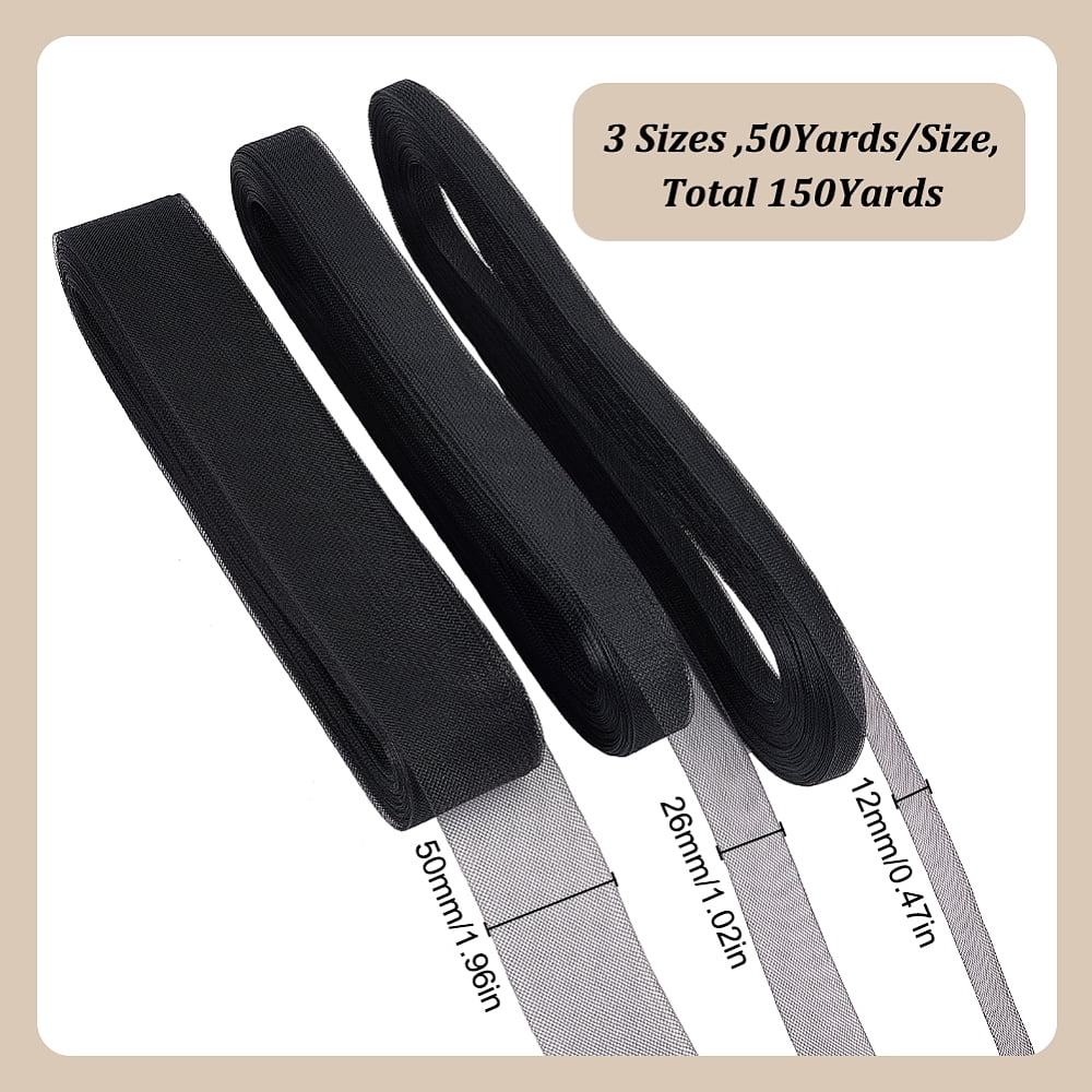 1set 3 Rolls 3 Styles Polyester Gauze Ribbon Clothes Accessories Black 1/2~2 inch(12~50mm) 1 roll/style