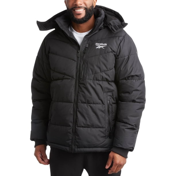 Chaqueta de invierno para hombre Reebok acolchada, aislante, con capucha, negra, talla L