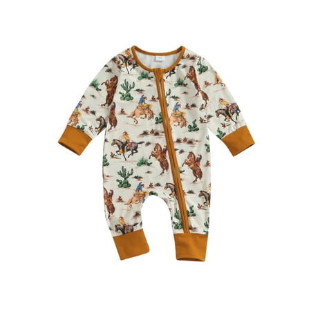 TFFR Baby Girl Boy Zipped Bodysuit Long Sleeve Cow Print Romper One Piece Jumpsuit Fall Outfit