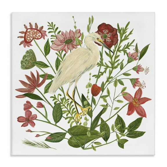 Stupell Industries Nautical Flowers & Egret Landscape Painting Gallery Wrapped Canvas Art Print Wall Art, 17 x 17