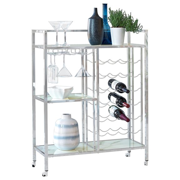 Maklaine Contemporary Metal Serving Cart with Casters Chrome in Silver