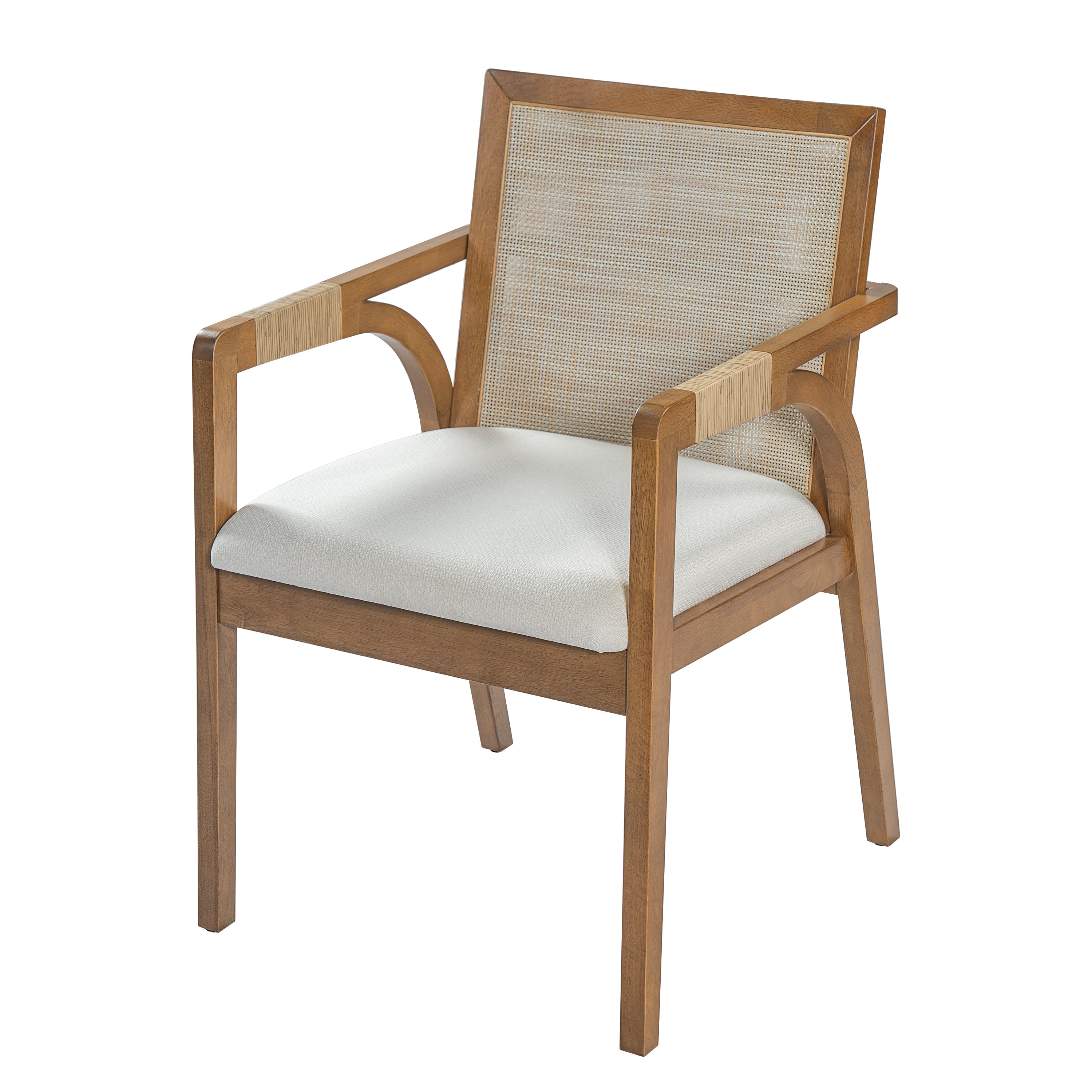 Dining Arm Chairs Set of 2, Rubber Wood Frame Dining Chairs with Textilene Back, PE Rattan Decor Armrest, Upholstered Fabric Cushion, Indoor Kitchen Dining Chairs, Walnut Frame with Beige Cushion