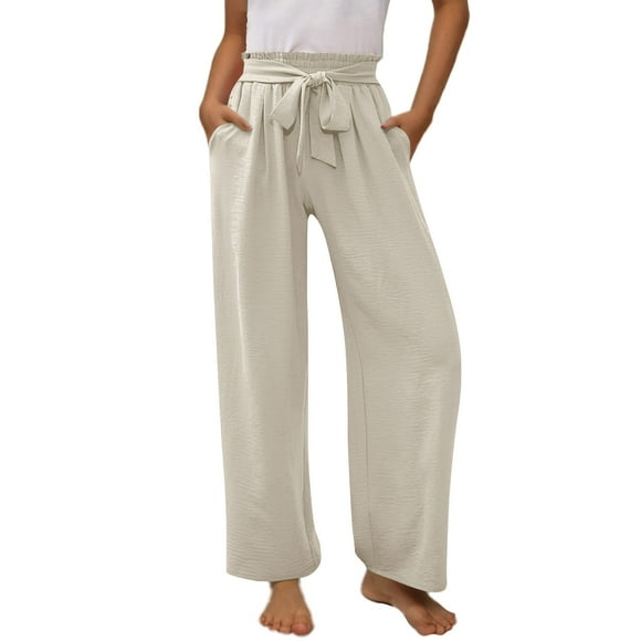 Bocqde Kids Long Pants for Girls 4-14 Years, Teen Girls Solid Color Casual Elastic High Waist Wide Leg Pants Fashion Loose Comfy Cotton Linen Trousers with Pockets
