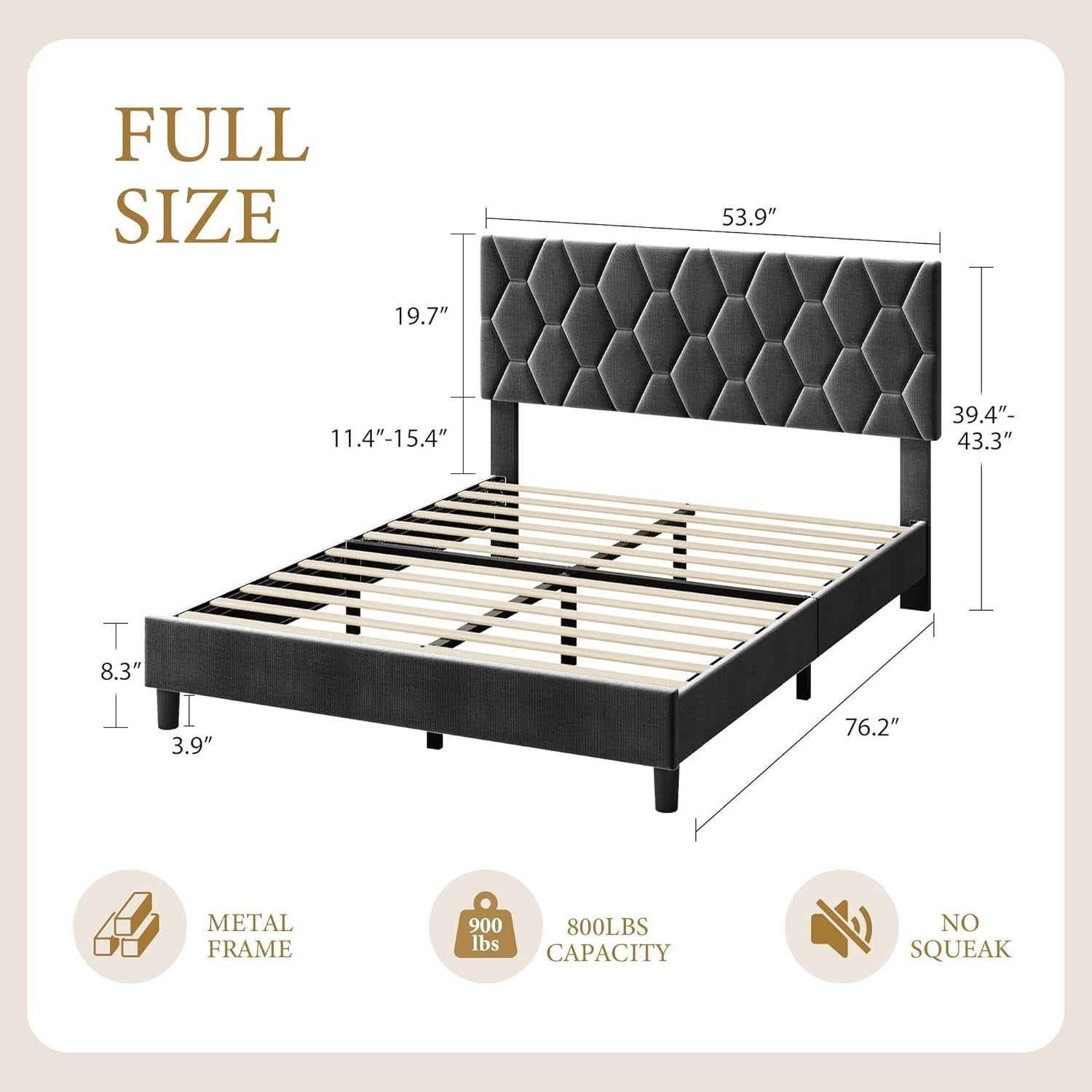 Full Size Upholstered Bed Frame with Headboard, Diamond Pattern, Wood Slats, No Box Spring, Easy Assembly